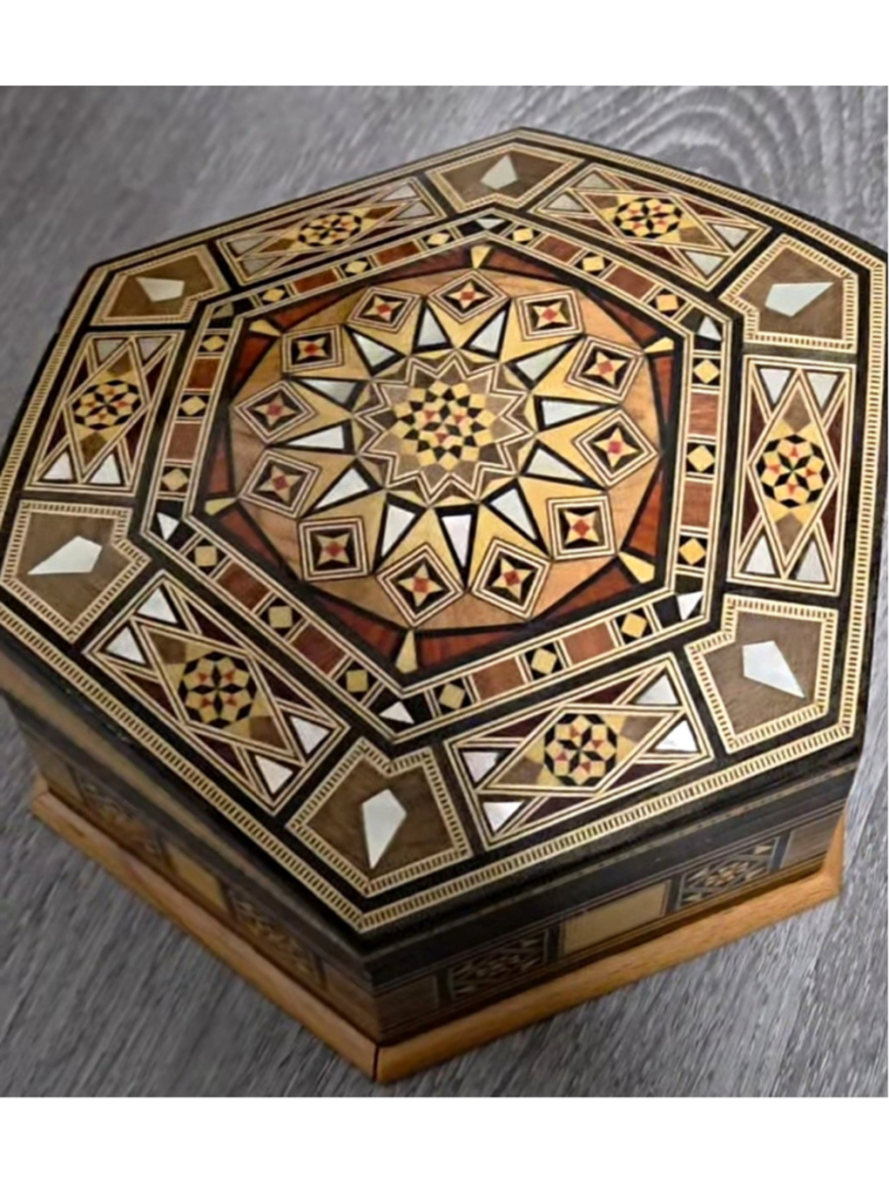 Crown Luxury Handmade Damascus Style Mother of Pearl Inlay Jewelry Box 17cm